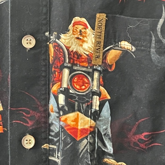 Mens Santa North Pole Choppers Motorcycle Graphic Button Up Shirt XL Long Sleeve - Picture 4 of 11